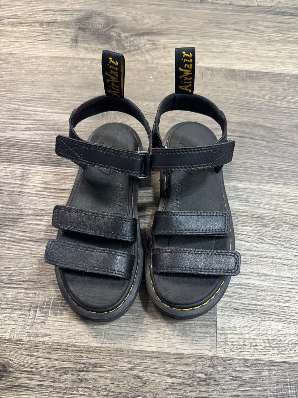 Dr. Martens Kids Black Triple-Strap Sandals with Yellow Stitching Accent
